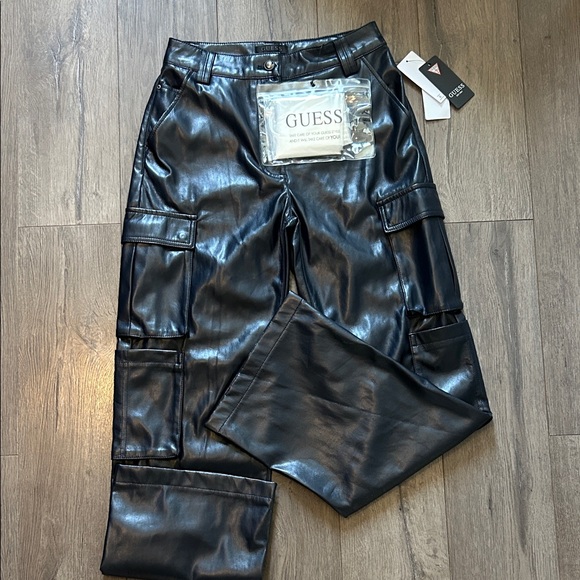 Guess Denim - Guess faux leather Black Cargo Pants wide leg size XS